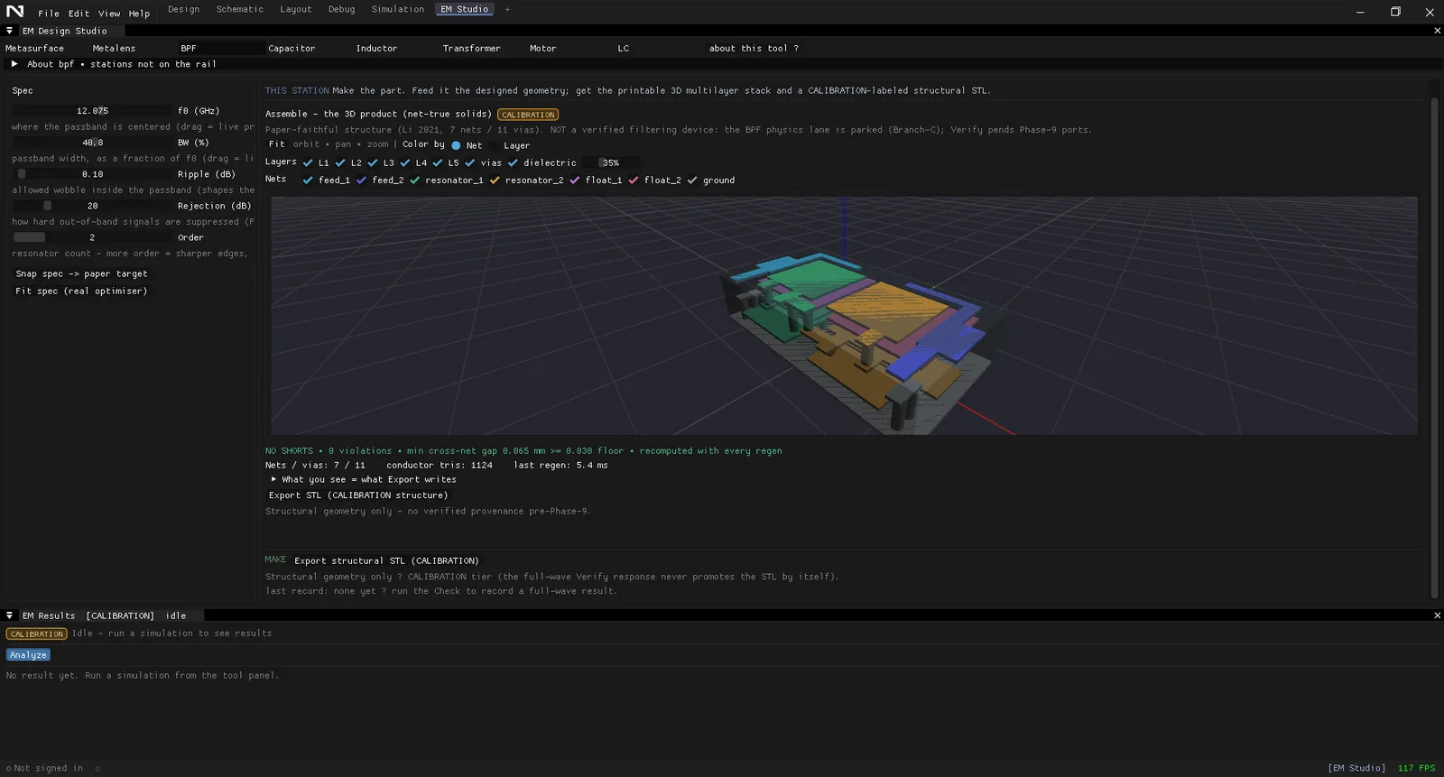 Screenshot of Nebula's EM Design Studio software showing a colored multilayer bandpass filter model