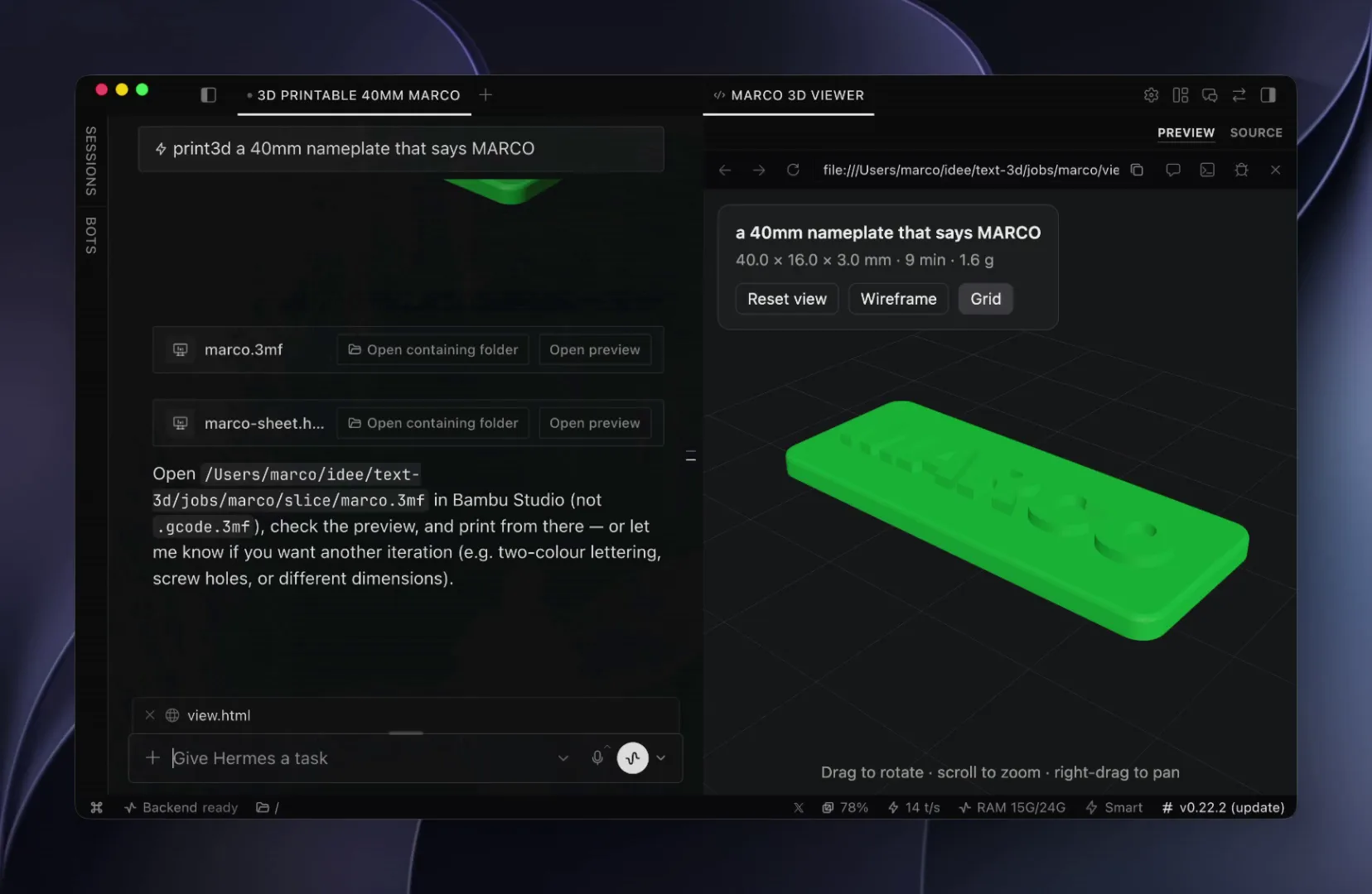 The Hermes desktop app with a chat on the left and a 3D view of a green nameplate reading MARCO on the right