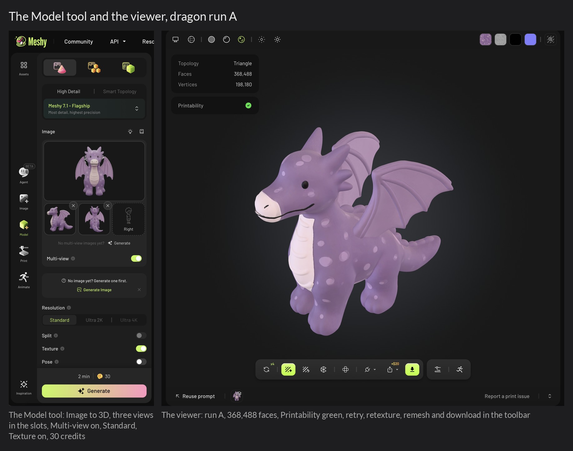 The Model tool with three views in its slots, and the viewer with run A: face count, a Printability check, and a toolbar with retry, retexture, remesh and download.