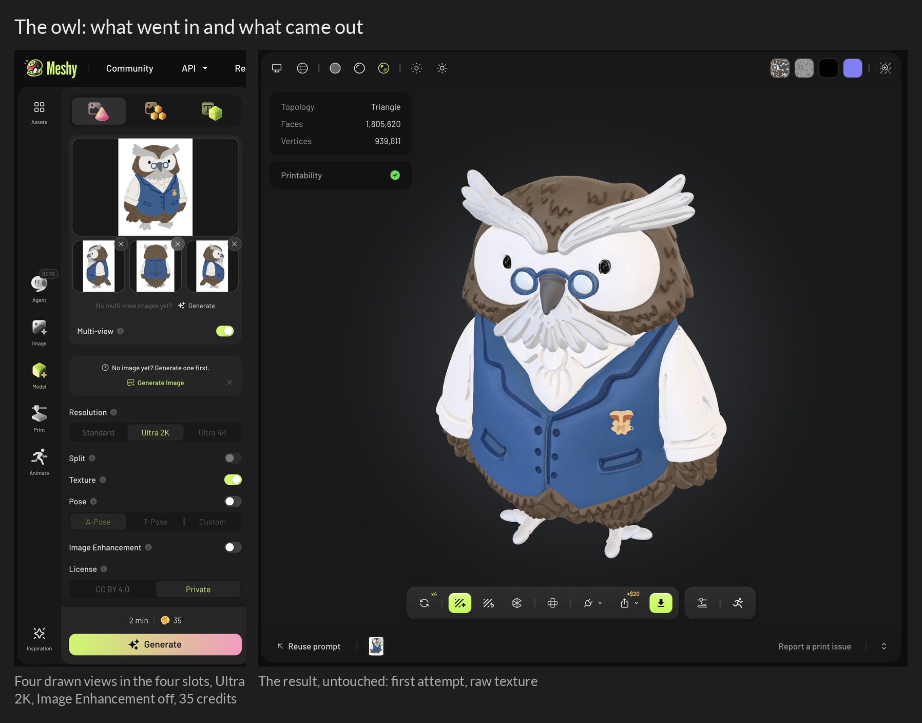 The owl as it went in and as it came out: four drawn views in the four slots, Ultra 2K, Image Enhancement off, and the untouched first result.