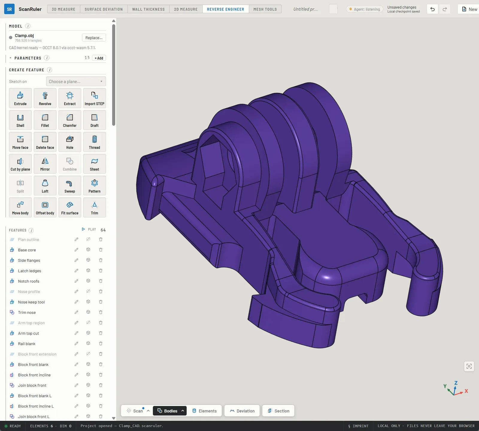 Purple solid CAD model of a clamp in the ScanRuler Reverse Engineer workspace next to its feature list