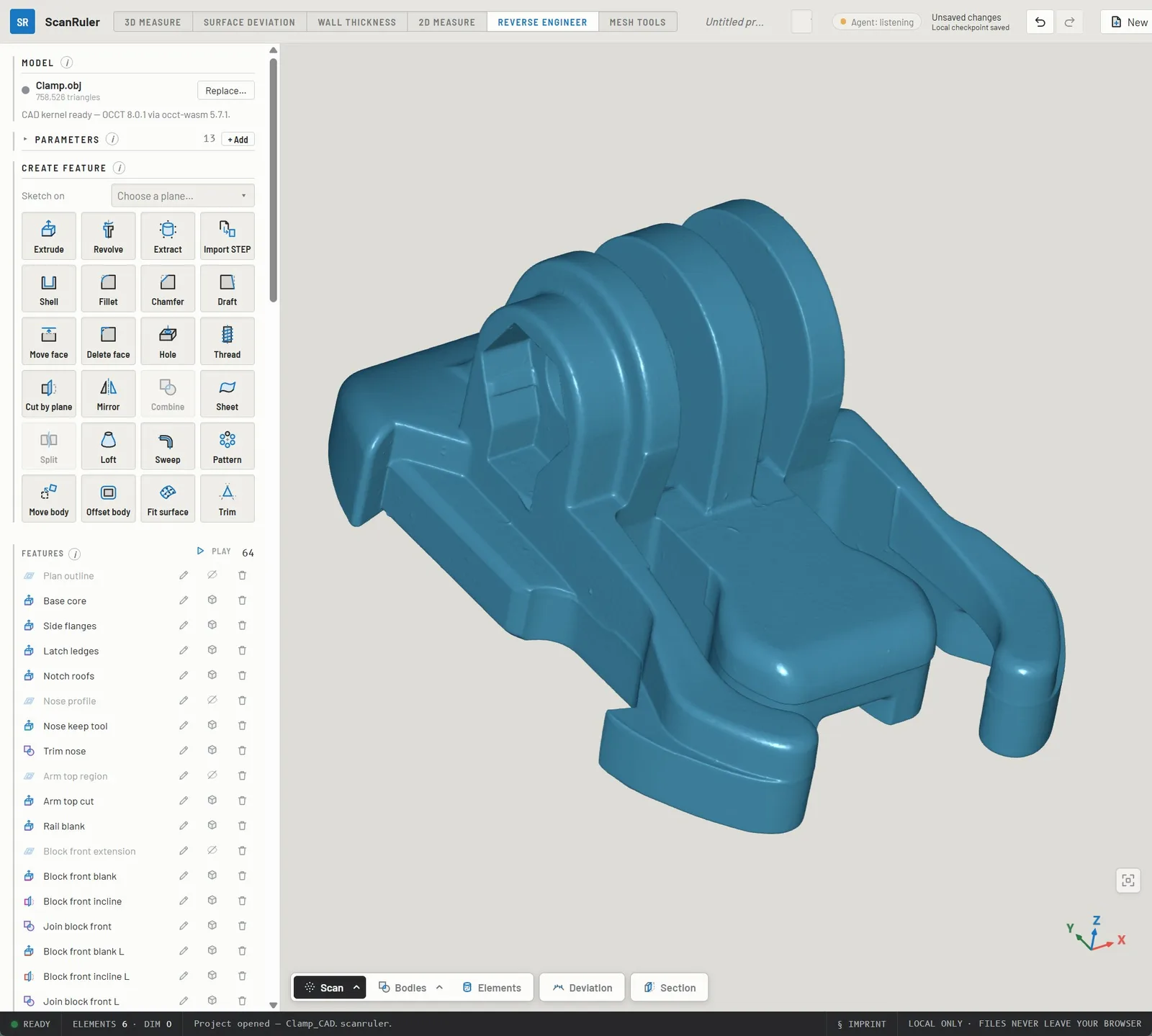 Blue 3D scan of the same clamp loaded in ScanRuler