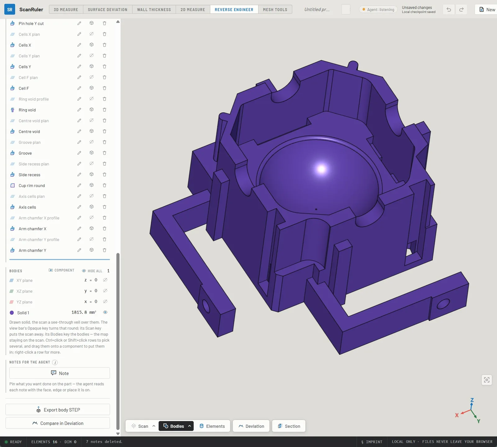Purple CAD model of a cup shaped part with a rounded hollow and side arms in ScanRuler