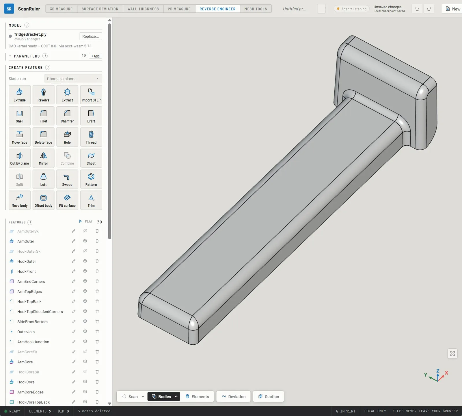 Grey CAD model of a long fridge bracket with rounded edges in ScanRuler