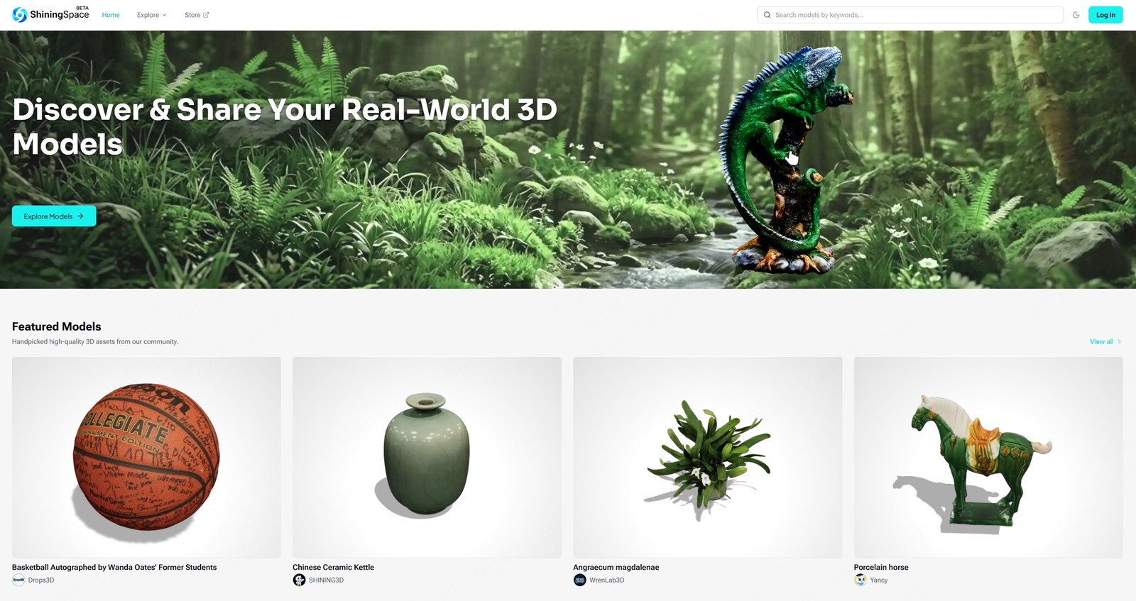 ShiningSpace homepage with featured 3D models from the community
