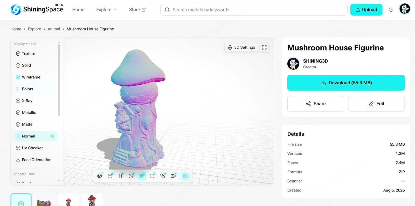 ShiningSpace online 3D viewer showing a scanned figurine in normal display mode with the display mode list