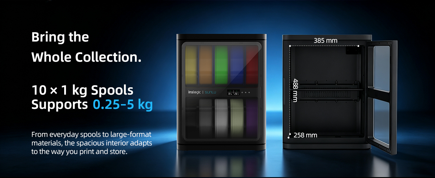 FilaDC i10 open cabinet diagram with interior dimensions 385 by 488 by 258 mm and ten 1 kg spools
