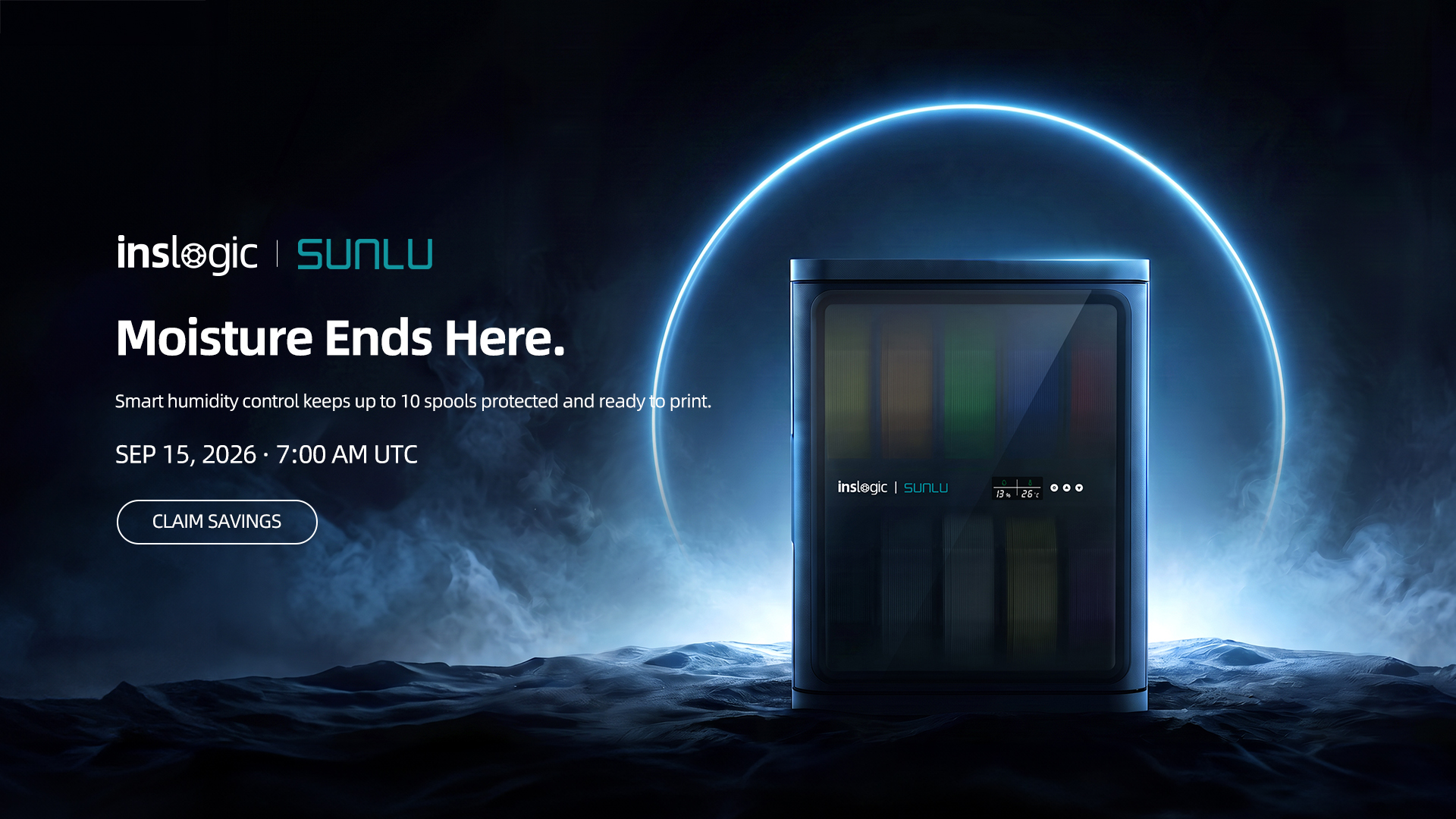 SUNLU and INSLOGIC FilaDC i10 filament dehumidifying cabinet with glowing ring, launch date September 15 2026
