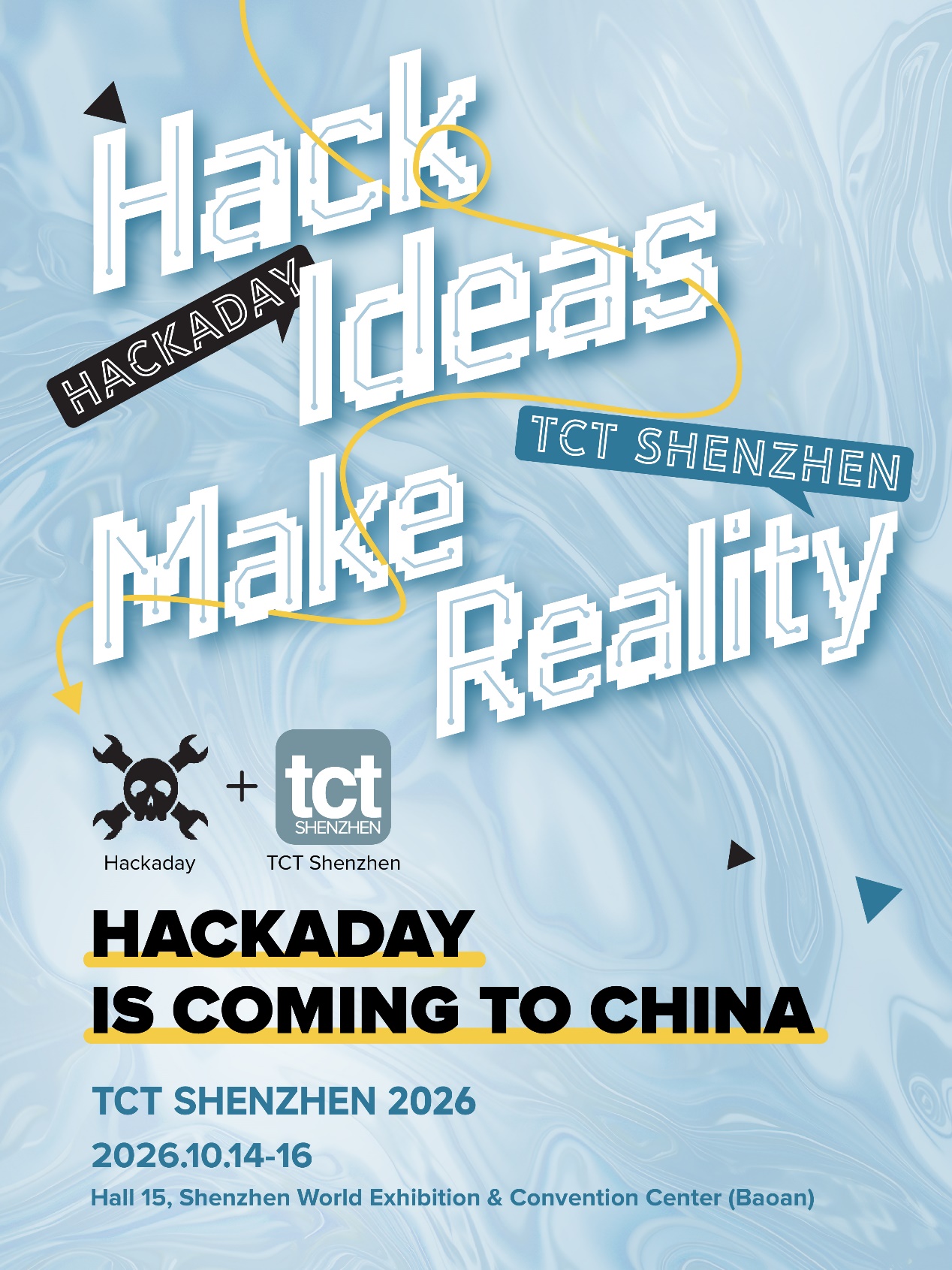 Poster for Hackaday's program at TCT Shenzhen 2026, billed as Hackaday's first event in China