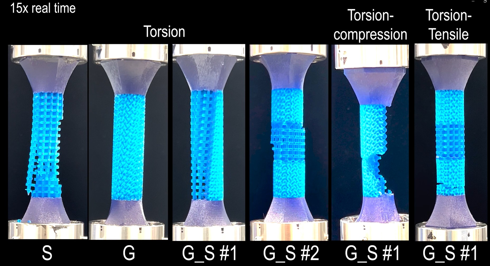 Blue 3D-printed lattice coupons gripped in a test machine under torsion and combined loads