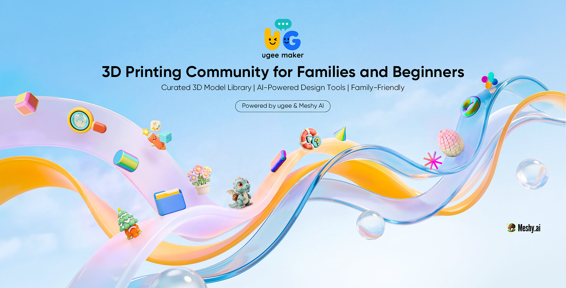 Launch graphic for ugee maker, with a dragon, flowers, and other small models on colored ribbons